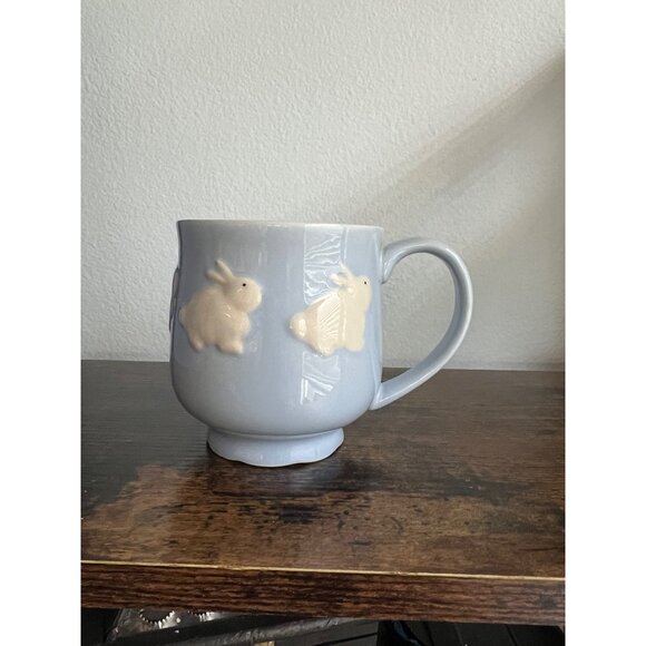 Embossed Rabbit Ceramic Mug Light Blue Creamy White 12 Oz Stoneware By Global De - Picture 1 of 4